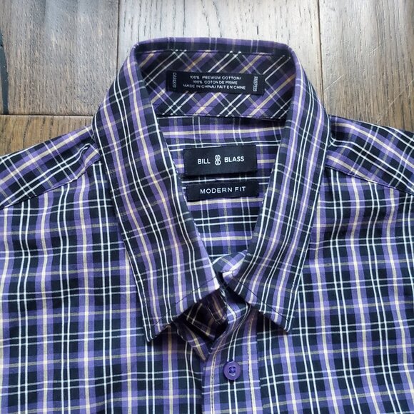 BILL BLASS Men's Plaid Button Down Shirt Black Purple Yellow Modern Fit Cotton - Picture 4 of 6